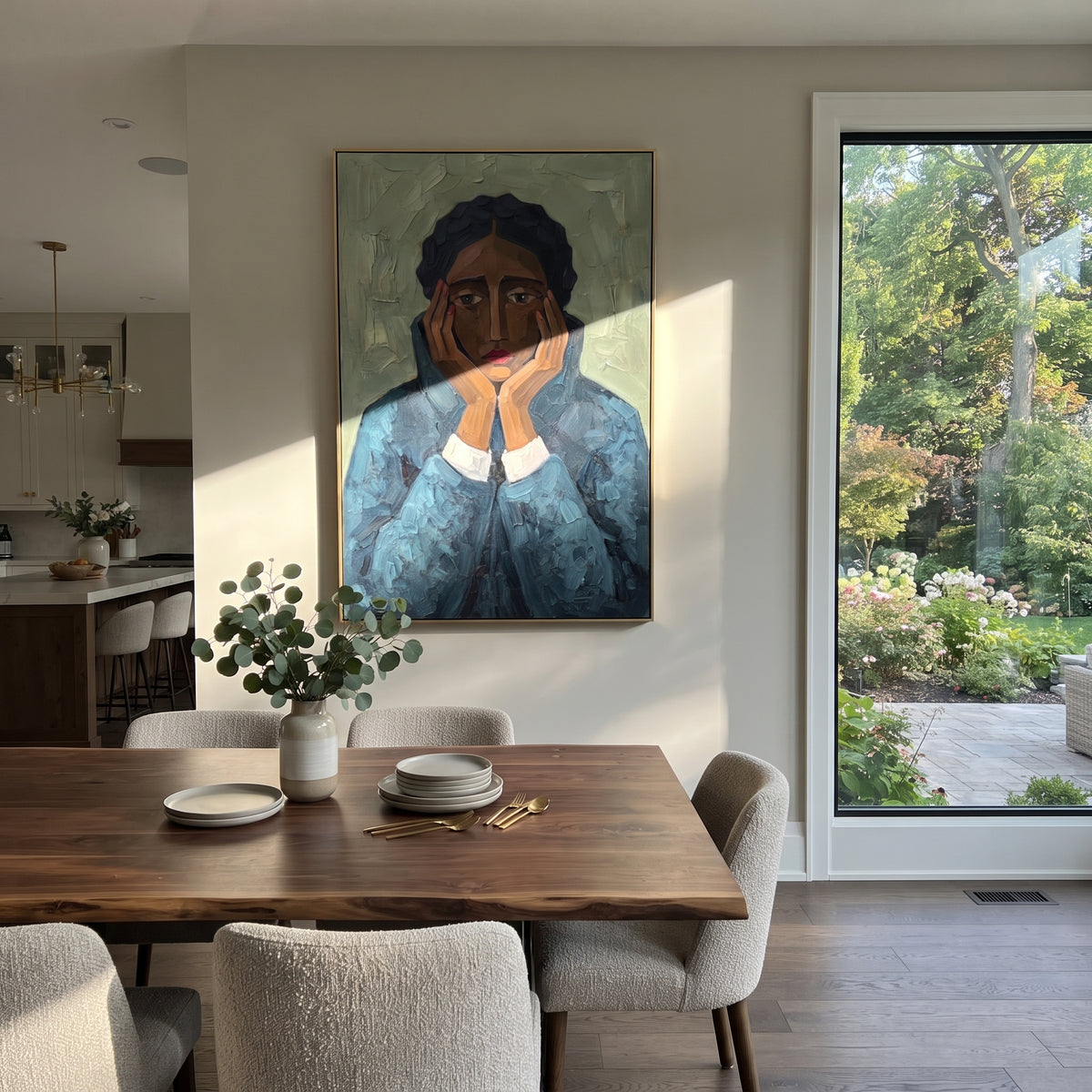 Gathered Gentle Quiet Seated Portrait focuses on a seated woman with folded hands and patterned clothing. The composition keeps the principal subject clearly separated from the painted field, so the eye can follow the specific gesture, silhouette, garment, fur, petal, ridge, or river visible in this artwork. Its color relationships move between blue, beige, and brown, with lighter passages opening the focal area and deeper strokes giving the forms weight. Palette-knife edges, impasto ridges