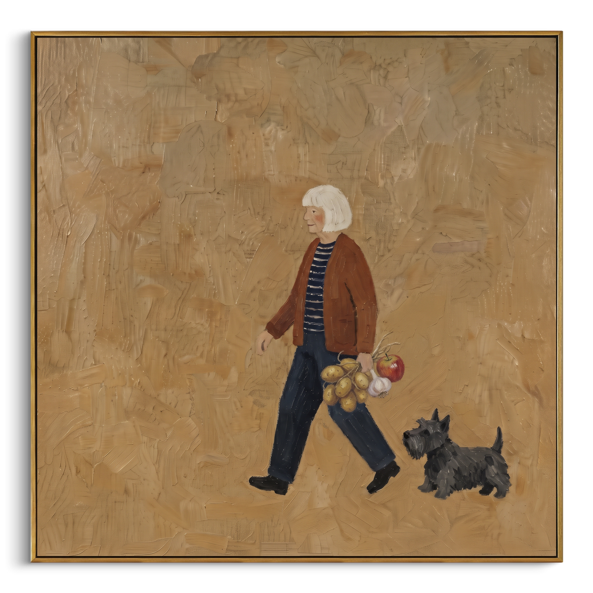 River Gentle Walking with a Small Dog focuses on a bundled walker carrying flowers beside a small dog. The composition keeps the principal subject clearly separated from the painted field, so the eye can follow the specific gesture, silhouette, garment, fur, petal, ridge, or river visible in this artwork. Its color relationships move between orange, pink, and green, with lighter passages opening the focal area and deeper strokes giving the forms weight. Palette-knife edges, impasto ridges