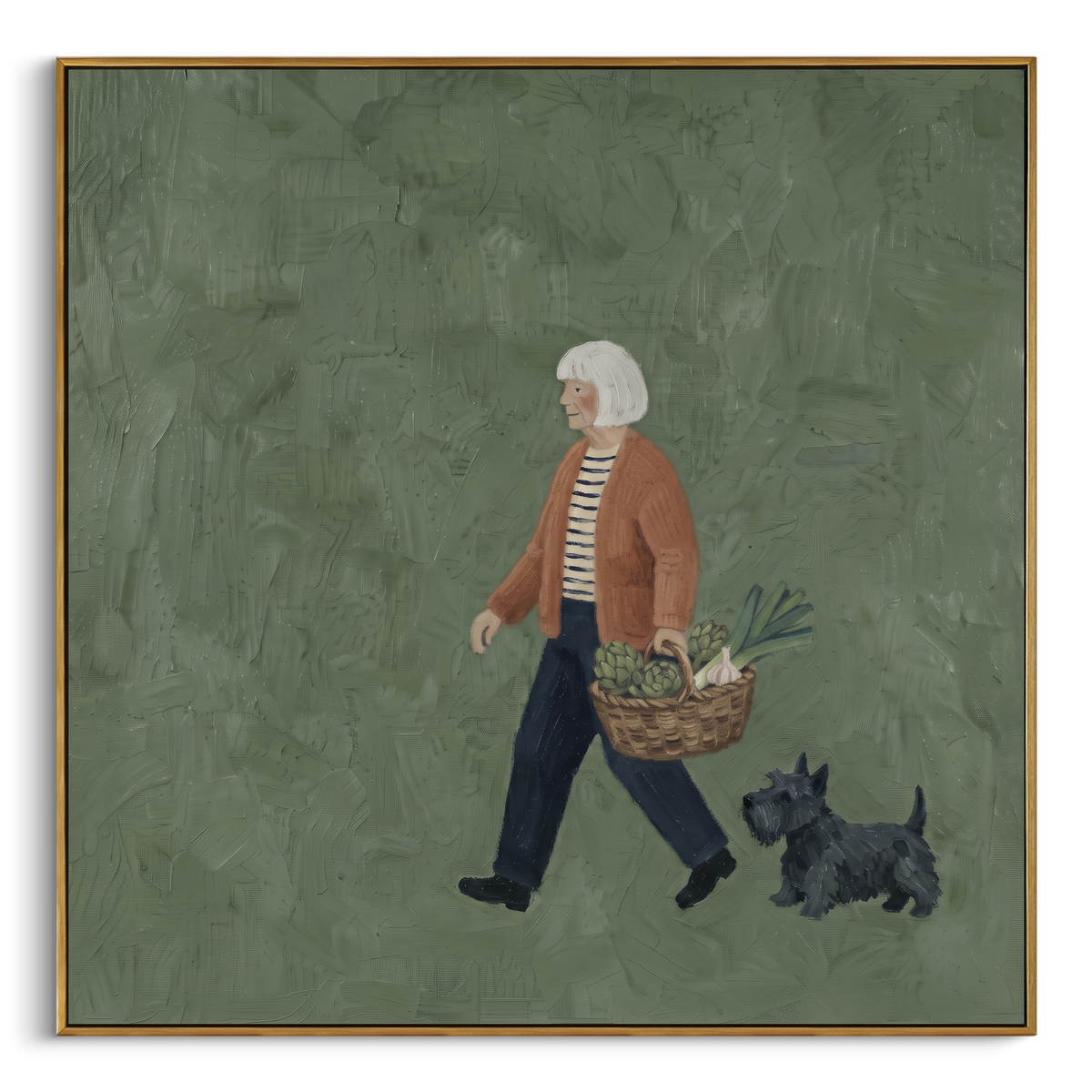 Still Gentle Walking with a Small Dog focuses on a bundled walker carrying flowers beside a small dog. The composition keeps the principal subject clearly separated from the painted field, so the eye can follow the specific gesture, silhouette, garment, fur, petal, ridge, or river visible in this artwork. Its color relationships move between blue, grey, and white, with lighter passages opening the focal area and deeper strokes giving the forms weight. Palette-knife edges, impasto ridges, broken