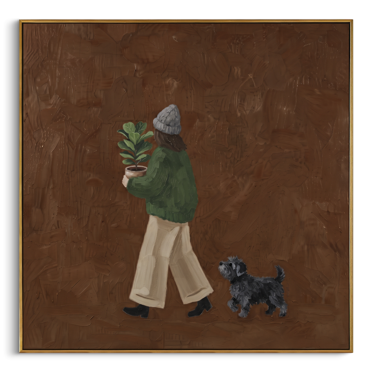 Gentle Gentle Walking with a Small Dog focuses on a bundled walker carrying flowers beside a small dog. The composition keeps the principal subject clearly separated from the painted field, so the eye can follow the specific gesture, silhouette, garment, fur, petal, ridge, or river visible in this artwork. Its color relationships move between green, brown, and yellow, with lighter passages opening the focal area and deeper strokes giving the forms weight. Palette-knife edges, impasto ridges