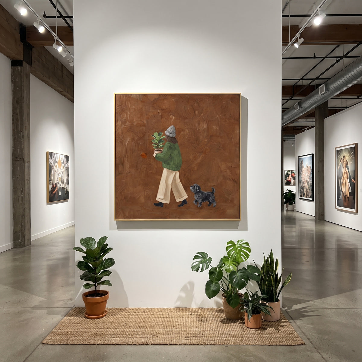 Gentle Gentle Walking with a Small Dog focuses on a bundled walker carrying flowers beside a small dog. The composition keeps the principal subject clearly separated from the painted field, so the eye can follow the specific gesture, silhouette, garment, fur, petal, ridge, or river visible in this artwork. Its color relationships move between green, brown, and yellow, with lighter passages opening the focal area and deeper strokes giving the forms weight. Palette-knife edges, impasto ridges