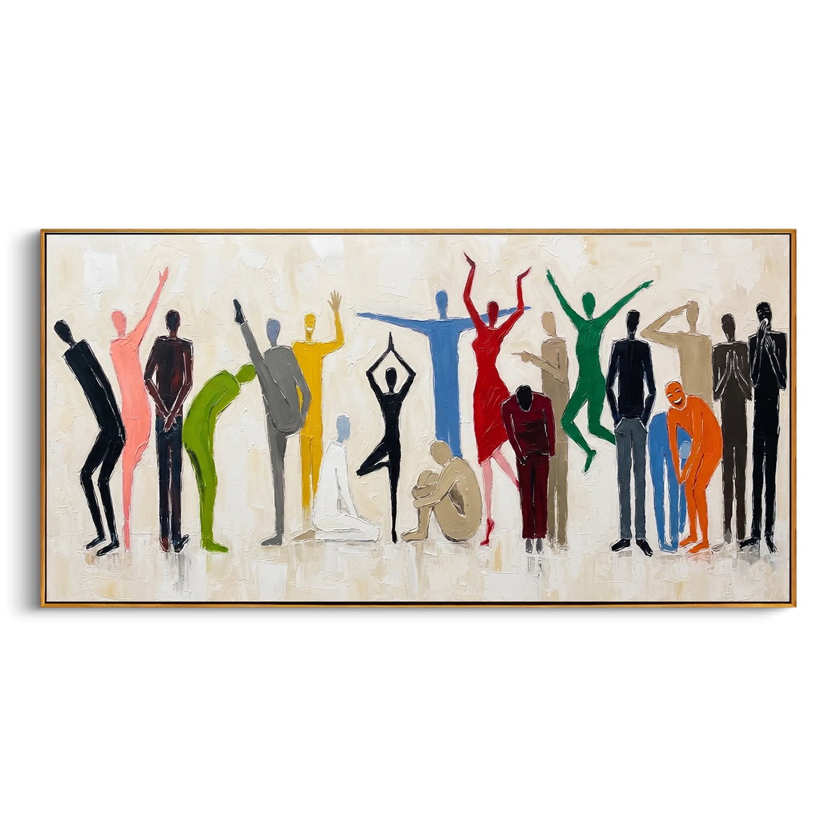 This 100% hand-painted abstract artwork features this hand-painted horizontal canvas presents a lively group of colorful abstract people silhouettes against a white textured background, with varied gestures, poses, and expressive movement. The artwork combines figurative abstraction with thick palette knife texture, raised impasto surface, and a bright social composition. Its white, blue, and green palette anchors the multicolor figures while keeping the wall piece fresh and modern for living