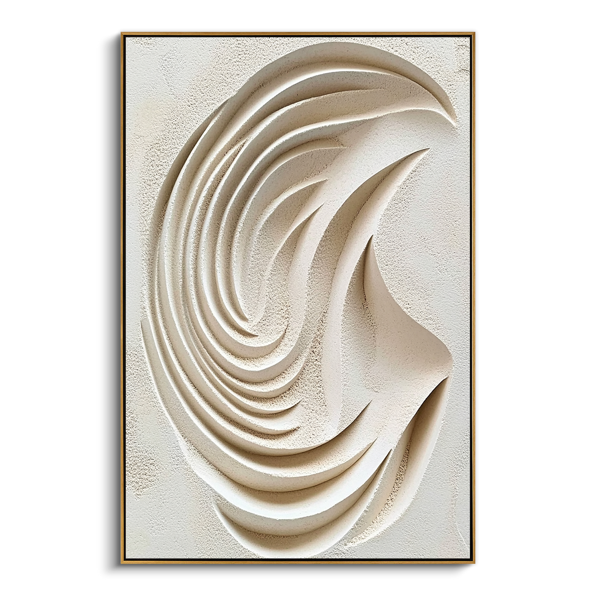 This hand-crafted 3D abstract wall art features an oval flowing relief form in soft off-white and beige tones. The raised plaster-style surface catches light naturally, creating depth and movement for living rooms, bedrooms, entryways, villas, hotels, and minimalist spaces.