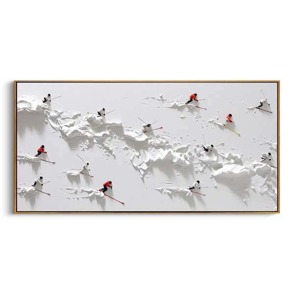 "The Alpine Rush" – Modern 3D Heavy Impasto Skiing Abstract | Minimalist White Relief Statement Art #PT 545
