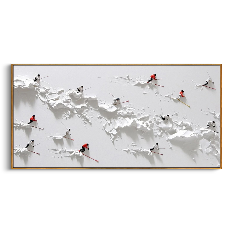 "The Alpine Rush" – Modern 3D Heavy Impasto Skiing Abstract | Minimalist White Relief Statement Art #PT 545