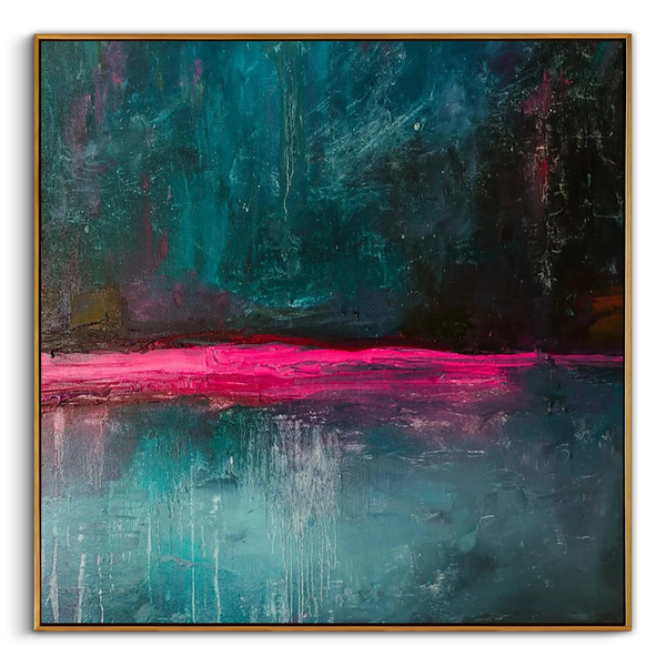 "Cyber Horizon" – Deep Midnight Green & Neon Pink Abstract Painting | Avant-Garde Industrial Style Wall Art#AB1017