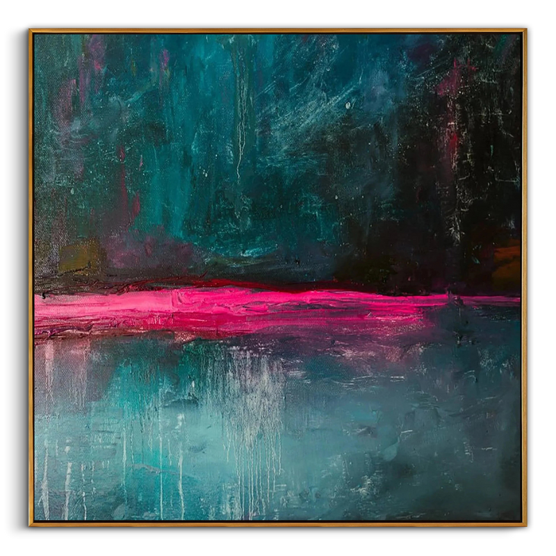 "Cyber Horizon" – Deep Midnight Green & Neon Pink Abstract Painting | Avant-Garde Industrial Style Wall Art#AB1017