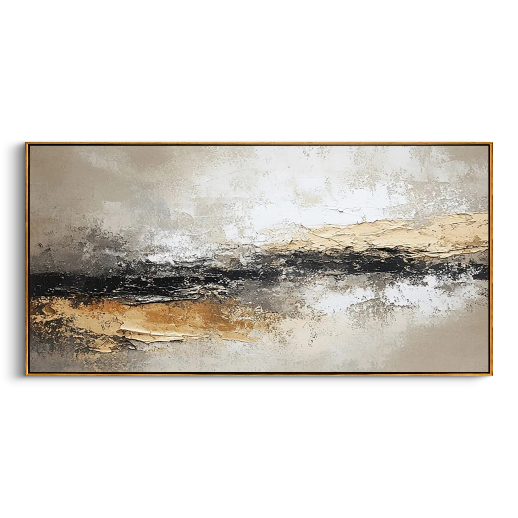 "Tectonic Rift" – Luxury 3D Sculptural Gold Foil Relief | Modern Wabi-Sabi Gray Texture Horizontal Art #WS 240