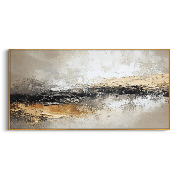 "Tectonic Rift" – Luxury 3D Sculptural Gold Foil Relief | Modern Wabi-Sabi Gray Texture Horizontal Art #WS 240