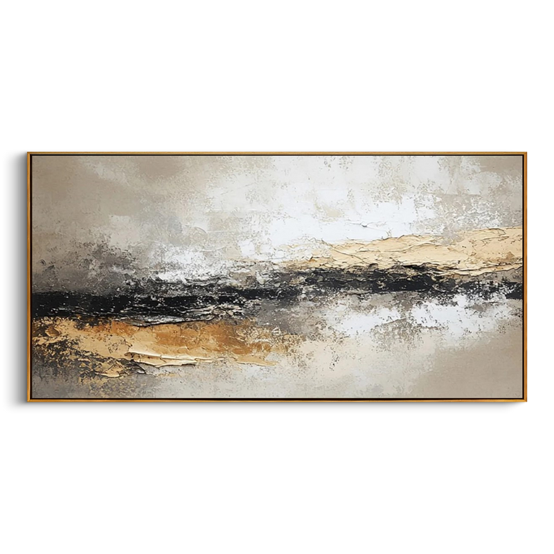 "Tectonic Rift" – Luxury 3D Sculptural Gold Foil Relief | Modern Wabi-Sabi Gray Texture Horizontal Art #WS 240