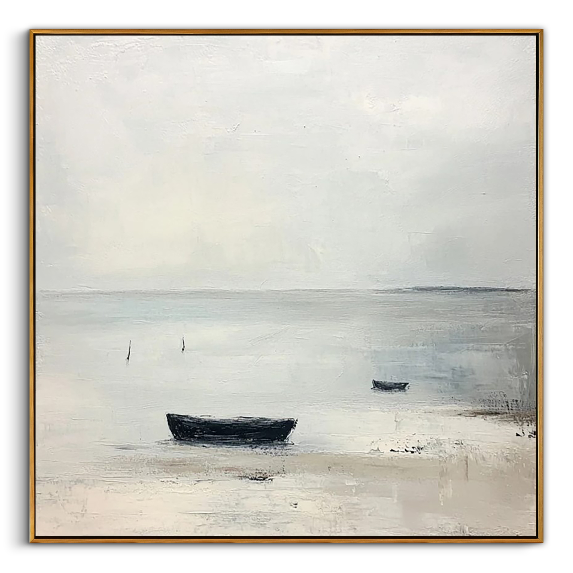 "The Silent Moor" – Modern Zen Minimalist Boat Abstract | Misty Gray Seascape Wabi-Sabi Gallery Art #WS 228