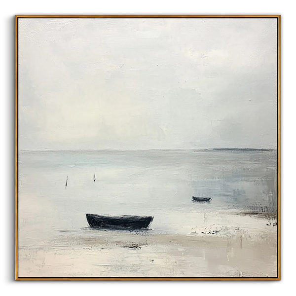 "The Silent Moor" – Modern Zen Minimalist Boat Abstract | Misty Gray Seascape Wabi-Sabi Gallery Art #WS 228