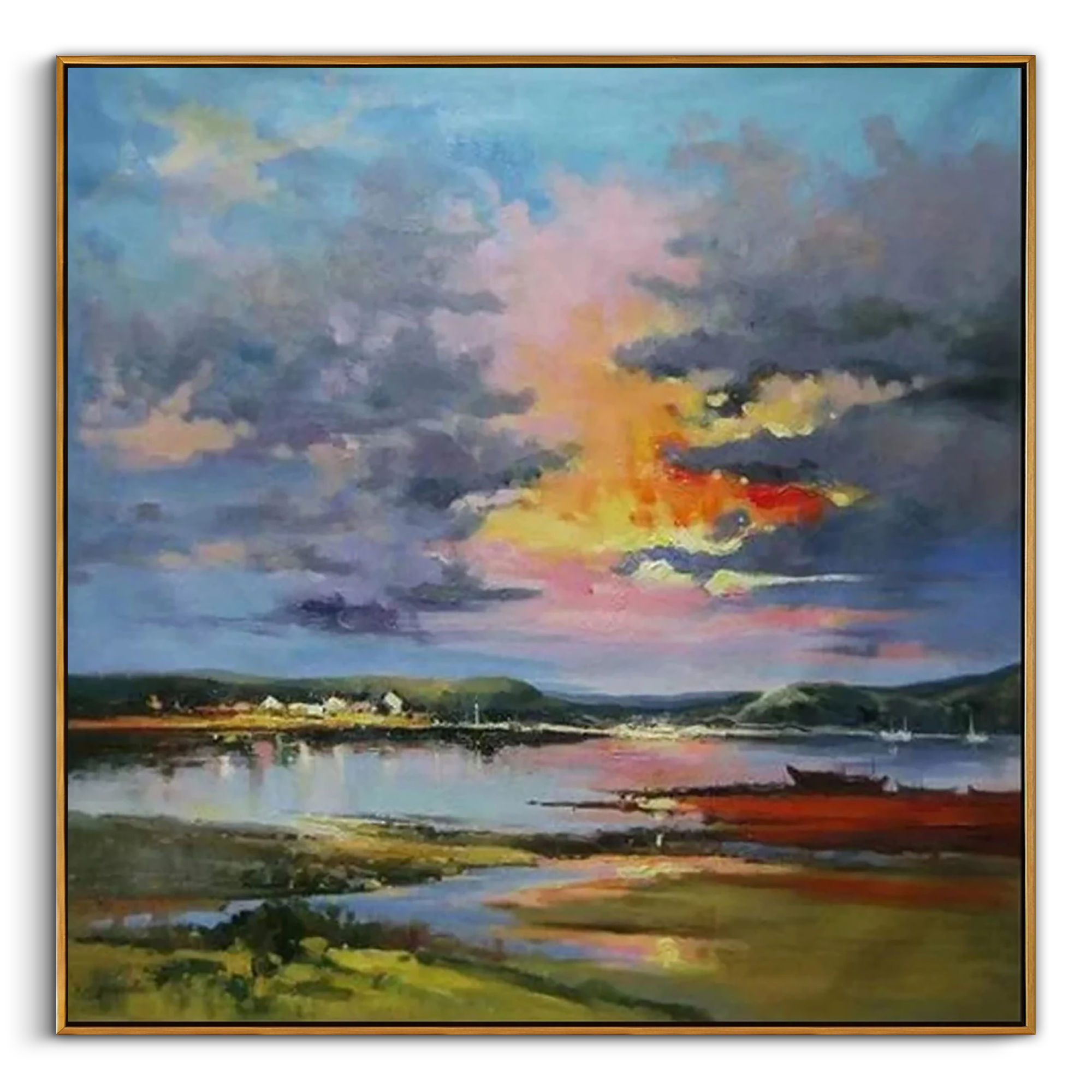 "The Gentle Glow" – Impressionist Sunset Village Scenery | Modern Pastoral Healing Style Landscape Wall Art #LC149