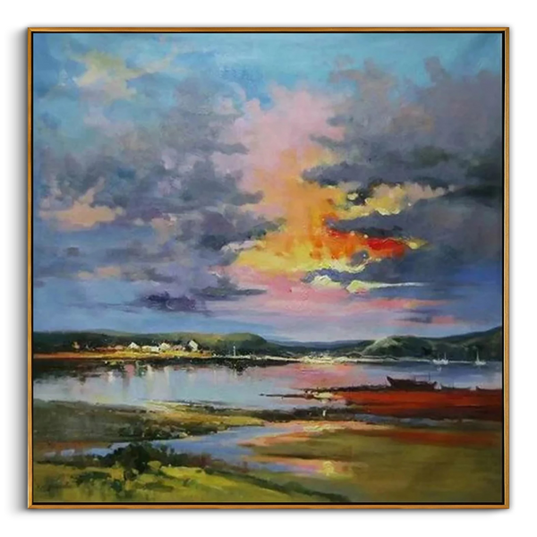 "The Gentle Glow" – Impressionist Sunset Village Scenery | Modern Pastoral Healing Style Landscape Wall Art #LC149