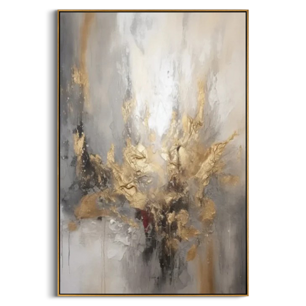 "Golden Awakening" – Luxury 3D Heavy Impasto Gold Leaf Abstract | Modern Smokey Gray Statement Art for Mansion #AB952