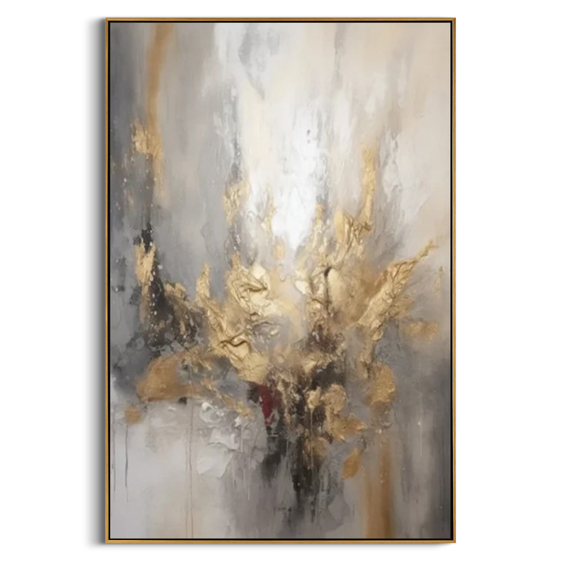 "Golden Awakening" – Luxury 3D Heavy Impasto Gold Leaf Abstract | Modern Smokey Gray Statement Art for Mansion #AB952