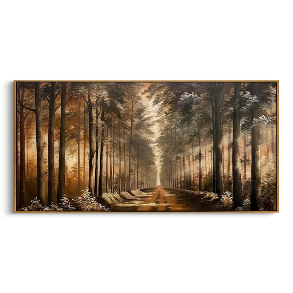 "The Golden Passage" – Realistic Forest Sunlight Oil Painting | Immersive Deep Perspective Woodland Art | High-End Amber & Umber Wall Decor #LC153
