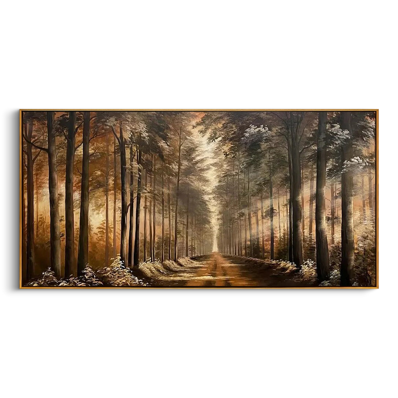 "The Golden Passage" – Realistic Forest Sunlight Oil Painting | Immersive Deep Perspective Woodland Art | High-End Amber & Umber Wall Decor #LC153