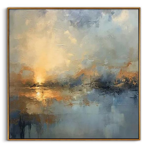 "Ethereal Dawn" – Modern Impressionist Sunrise Abstract | Bold Amber Gold & Mist Blue Gallery Wall Art #AB1022