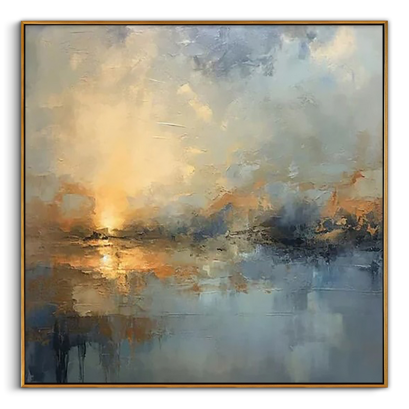"Ethereal Dawn" – Modern Impressionist Sunrise Abstract | Bold Amber Gold & Mist Blue Gallery Wall Art #AB1022