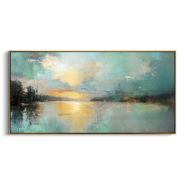 "Emerald Dawn" – Modern Impressionist Lake Seascape | Ethereal Teal & Gold Horizontal Gallery Wall Art#LC151