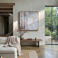 This 100% hand-painted abstract artwork features this hand-painted square canvas presents a soft birch forest scene with misty grey, white, beige, and golden leaf accents. Layered brushwork, tactile surface detail, and a refined framed presentation create a distinctive statement for living rooms, bedrooms, offices, entries, and modern commercial interiors.