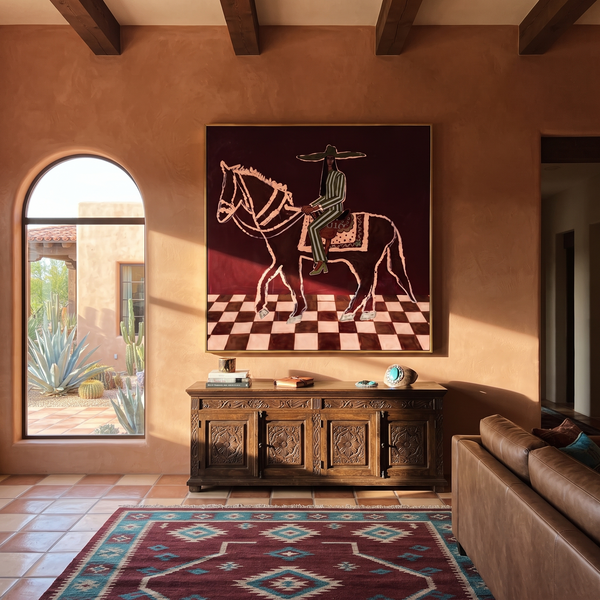 "Maroon Equestrian Folk Portrait Painting" - Modern Heavy Impasto Western Animal Artwork | Brown & White Palette Knife Painting | Luxury Square Wall Art #PT 630
