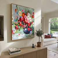 This 100% hand-painted floral abstract features this hand-painted vertical canvas presents a vertical vase of red, pink, white, and orange wildflowers with lively green stems and a soft painterly background. Layered brushwork, tactile surface detail, and a refined framed presentation create a distinctive statement for living rooms, bedrooms, offices, entries, and modern commercial interiors.