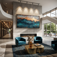 This 100% hand-painted abstract artwork features this hand-painted horizontal canvas presents a horizontal abstract horizon with deep teal water-like texture, copper-gold ridge, and weathered grey atmosphere. Layered brushwork, tactile surface detail, and a refined framed presentation create a distinctive statement for living rooms, bedrooms, offices, entries, and modern commercial interiors.