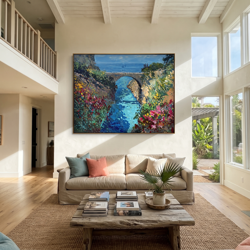 "Mediterranean Stone Bridge Seascape Painting" - Modern Heavy Impasto Coastal Landscape | Blue & Green Palette Knife Painting | Luxury Horizontal Wall Art #PT 626