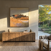 This 100% hand-painted geometric abstract features this hand-painted square canvas presents a quiet minimal landscape with a dark tree line, warm brown field, soft pale sky, and a small glowing sunset near the horizon. Subtle raised texture and restrained tonal layering create a calm wabi-sabi mood for living rooms, bedrooms, studies, entries, and understated modern interiors.