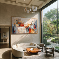 This 100% hand-painted abstract artwork features this hand-painted horizontal canvas presents an abstract cityscape with cream and grey blocks, red-orange accents, and layered palette-knife texture. Layered brushwork, tactile surface detail, and a refined framed presentation create a distinctive statement for living rooms, bedrooms, offices, entries, and modern commercial interiors.