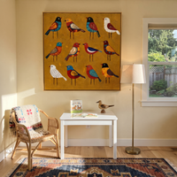 This 100% hand-painted western animal artwork features this hand-painted square canvas features a playful arrangement of stylized birds on a richly textured golden background. Red, blue, white, orange, and patterned plumage details give each bird a distinct folk-art character, creating a cheerful decorative focal point for living rooms, children's rooms, creative spaces, entries, and eclectic interiors.