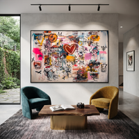 This 100% hand-painted geometric abstract features this hand-painted horizontal canvas presents a graffiti-inspired abstract with layered symbols, a red heart, black linework, orange, pink, blue, and cream passages. Layered brushwork, tactile surface detail, and a refined framed presentation create a distinctive statement for living rooms, bedrooms, offices, entries, and modern commercial interiors.