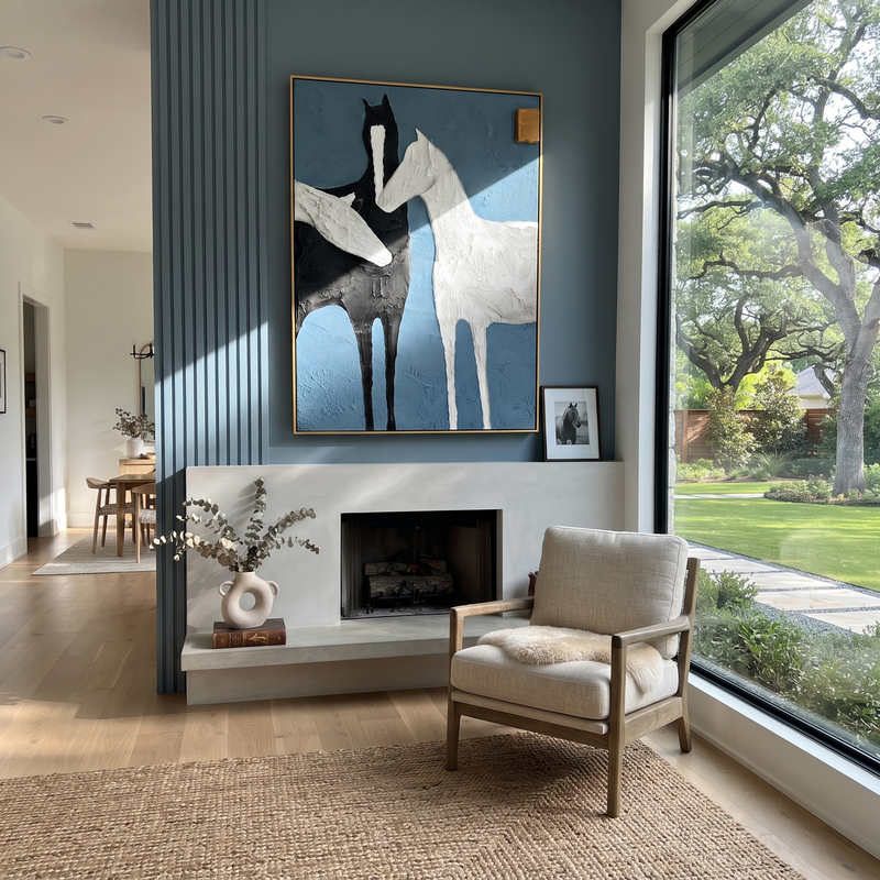 "Minimal Black White Horse Painting" - Modern Heavy Impasto Western Animal Artwork | Blue & Black Palette Knife Painting | Luxury Vertical Wall Art #PT 615