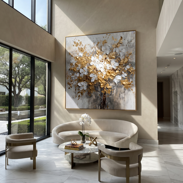 "Golden White Textured Blossom Painting" - Modern Heavy Impasto Floral Abstract | Golden & White Palette Knife Painting | Luxury Square Wall Art #PT 598