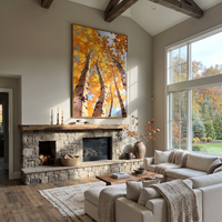 This 100% hand-painted abstract artwork features this hand-painted vertical canvas presents a vertical upward-looking aspen grove with bright golden foliage, white birch trunks, blue sky, and sunlit autumn energy. Layered brushwork, tactile surface detail, and a refined framed presentation create a distinctive statement for living rooms, bedrooms, offices, entries, and modern commercial interiors.