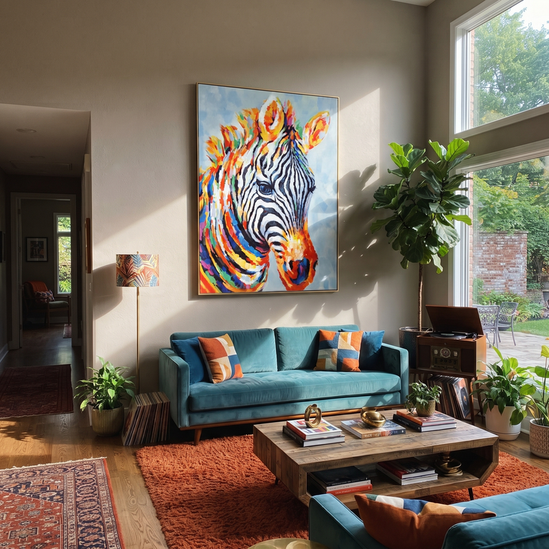 "Colorful Zebra Portrait Painting" - Modern Heavy Impasto Western Animal Artwork | Black & White Palette Knife Painting | Luxury Vertical Wall Art #PT 629