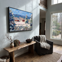 This 100% hand-painted coastal landscape features this hand-painted horizontal canvas captures a bright winter landscape with snow-covered evergreens, red cabins, distant blue mountains, and a crisp open sky. Expressive palette-knife texture and cool layered color create a fresh alpine scene for living rooms, bedrooms, offices, lodges, and seasonal modern interiors.