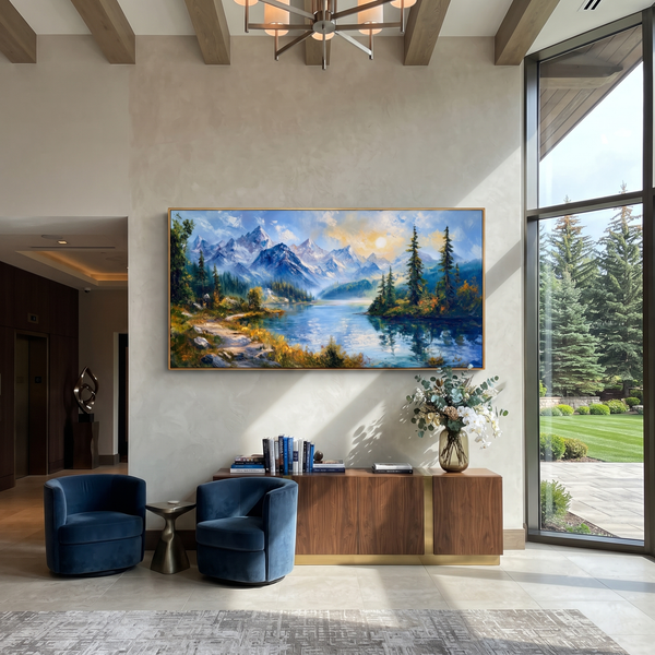 "Alpine Lake Mountain Landscape Painting" - Modern Heavy Impasto Landscape Artwork | Blue & Green Palette Knife Painting | Luxury Horizontal Wall Art #PT 600