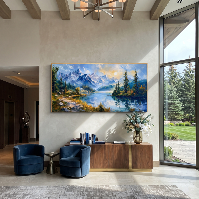 "Alpine Lake Mountain Landscape Painting" - Modern Heavy Impasto Landscape Artwork | Blue & Green Palette Knife Painting | Luxury Horizontal Wall Art #PT 600