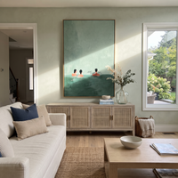This 100% hand-painted abstract artwork features this hand-painted vertical canvas presents three quiet figures seen from behind in deep green water beneath a large open teal sky. The restrained composition, soft surface texture, and calm negative space create a poetic modern scene for bedrooms, spa-like interiors, studies, living rooms, and serene contemporary walls.