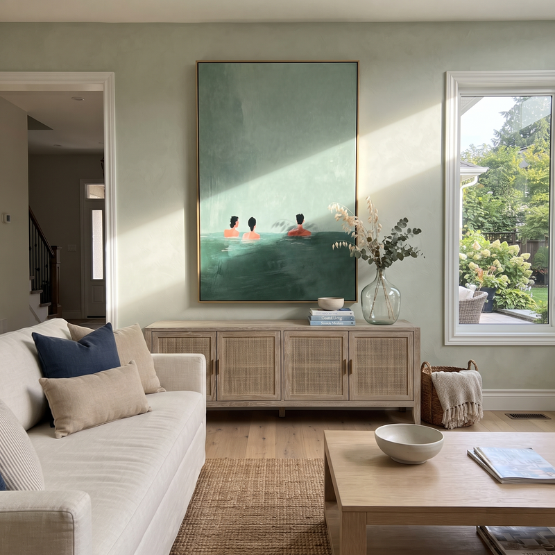 "Minimal Swimmers Green Water Painting" - Modern Heavy Impasto Abstract Artwork | Sage Green & Blue Palette Knife Painting | Luxury Vertical Wall Art #PT 607