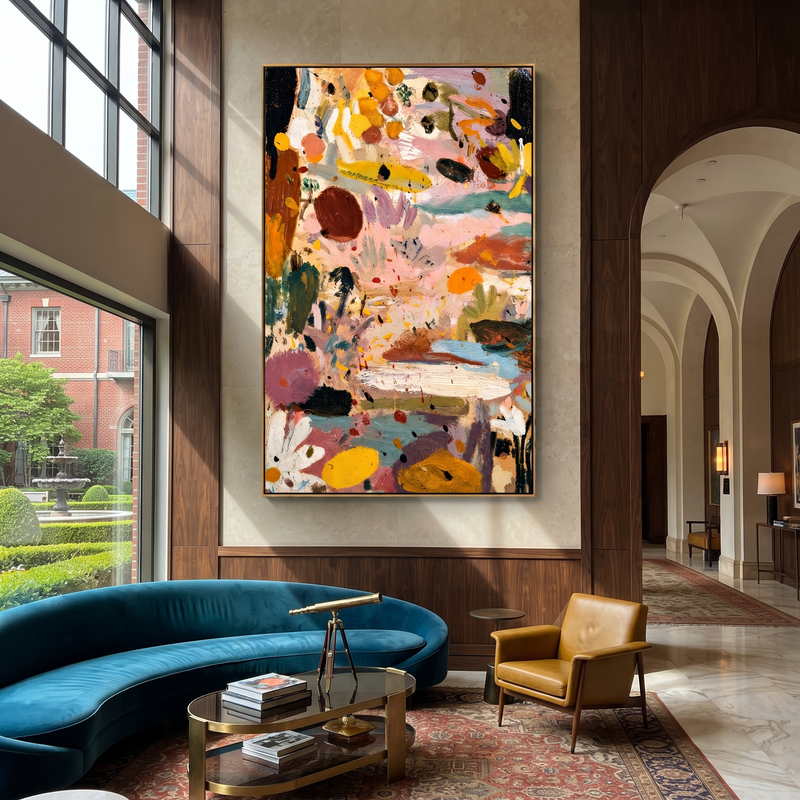 "Playful Abstract Texture Painting" - Modern Heavy Impasto Floral Abstract | Pink & Orange Palette Knife Painting | Luxury Vertical Wall Art #PT 603