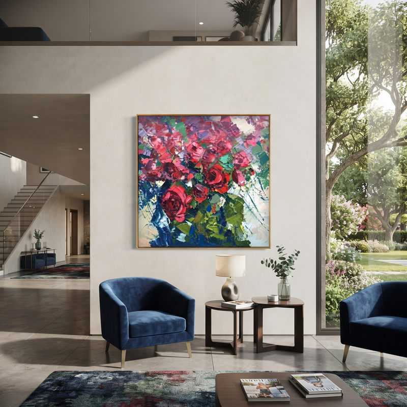 "Red Rose Garden Floral Painting" - Modern Heavy Impasto Floral Abstract | Pink & Green Palette Knife Painting | Luxury Square Wall Art #PT 633