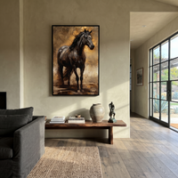 This 100% hand-painted western animal artwork features this hand-painted vertical canvas presents a striking black horse against a warm golden-brown textured background. Strong highlights, expressive mane detail, and subtle dripping brushwork create a powerful equestrian portrait for living rooms, offices, studies, ranch-inspired spaces, and dramatic contemporary interiors.
