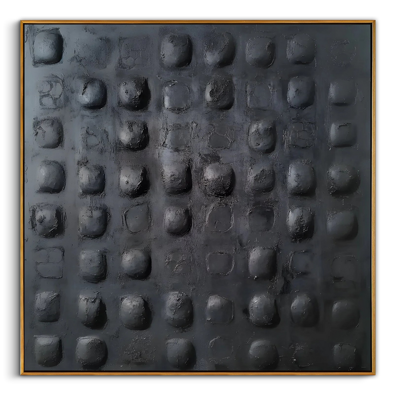 "Obsidian Pulse" – Dark Minimalist 3D Matrix Relief | Hand-Textured Carbon-Black Abstract Painting for Luxury Interiors #WS 233