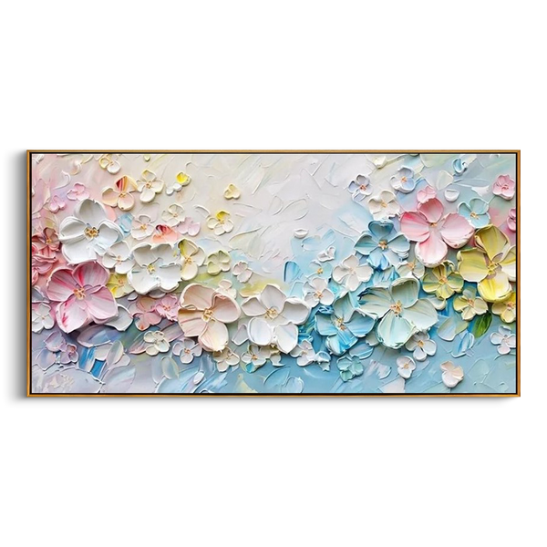 "Floral Sanctuary" – 3D Sculptural Heavy Impasto Blossom | Modern Creamy Style Healing Long Horizontal Wall Art #PT 546