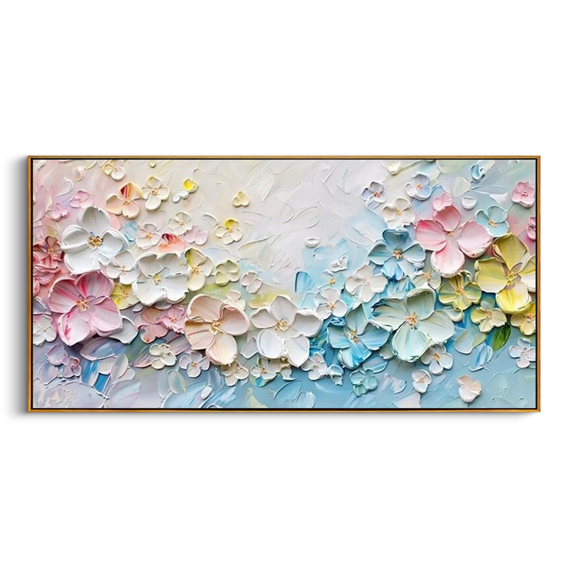 "Floral Sanctuary" – 3D Sculptural Heavy Impasto Blossom | Modern Creamy Style Healing Long Horizontal Wall Art #PT 546
