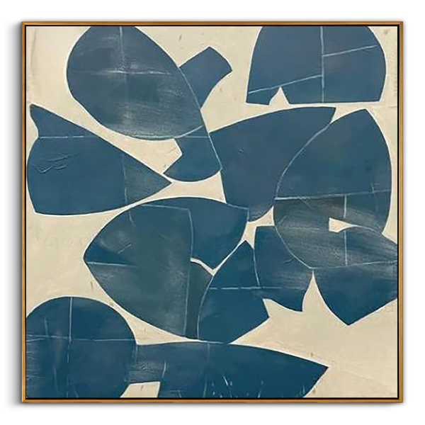 "Deep Blue Narrative" – Mid-Century Modern Geometric Collage | Minimalist Prussian Blue Textured Statement Art #AB1021